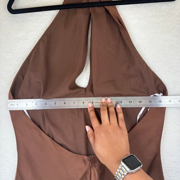 Lulus Satin Halter Midi Dress Brown Sz L NWT | Open Back Wedding Guest Gown - Picture 12 of 16